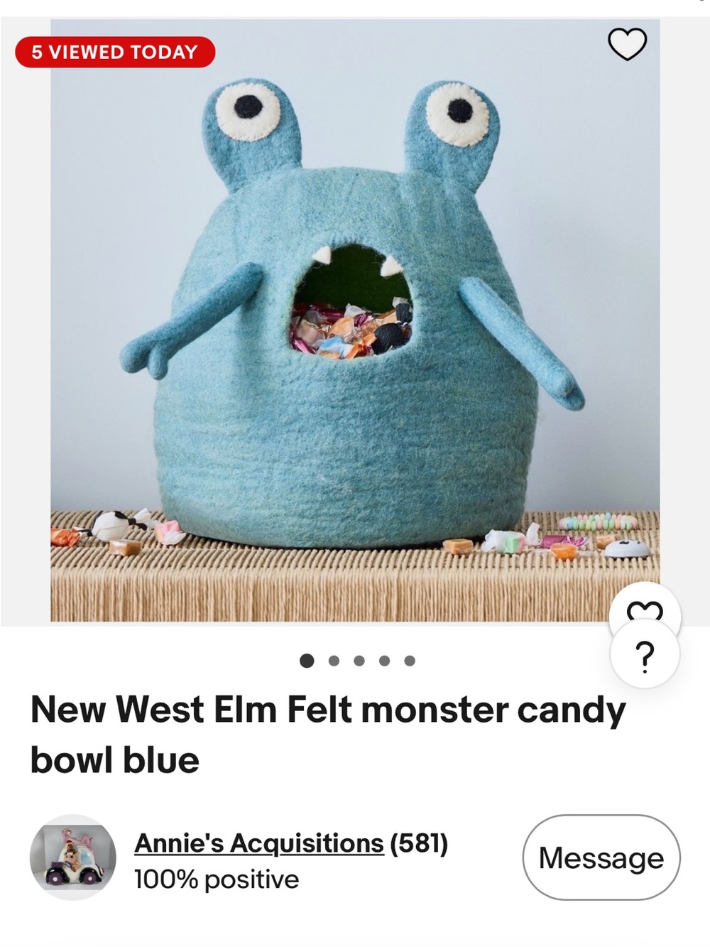 West Elm Blue Felt Monster Candy Bowl with Eyes